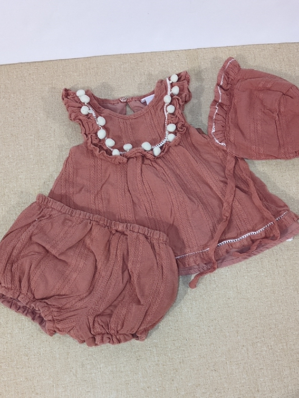 Baby Girls Rust Pink 3-Piece Outfit Set - Top, Bloomers & Bonnet Pom Pom Ruffle